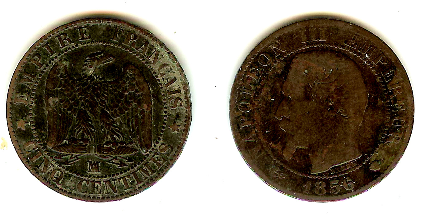 Cinq centimes Napoléon III, tête nue 1856 Marseille TTB